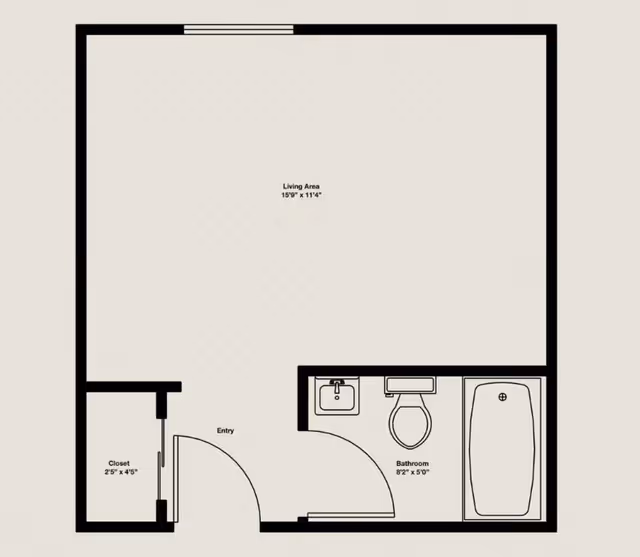 Floor plan of a small living space showing a living area measuring 15 feet 9 inches by 11 feet 4 inches, an entryway, a closet measuring 2 feet 5 inches by 4 feet 5 inches, and a bathroom measuring 8 feet 2 inches by 5 feet with a sink, toilet, and bathtub.