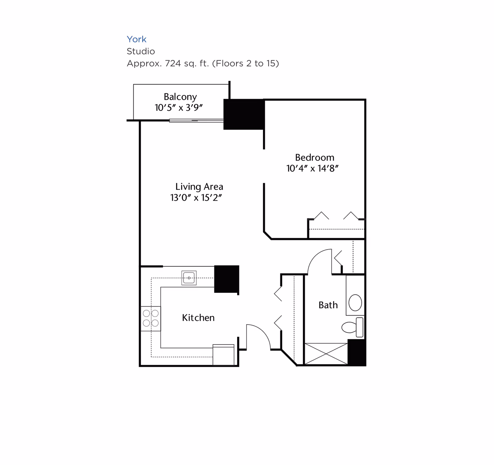 Floor plan of a studio apartment named York at Brookdale Edina, approximately 724 square feet, showing a balcony, living area, kitchen, bedroom, and bathroom with dimensions.