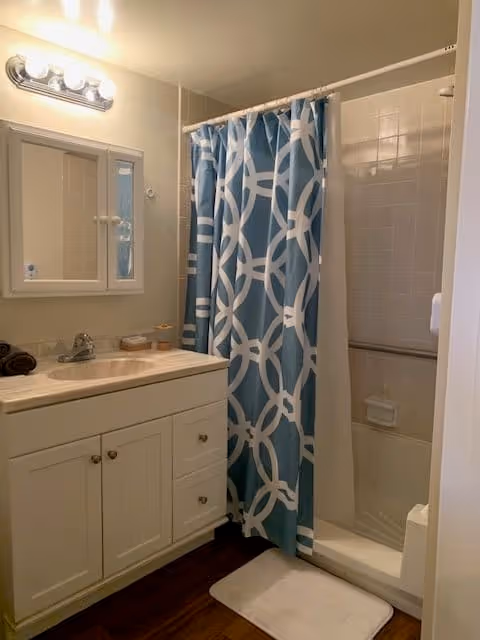 A bathroom with a white vanity cabinet and sink, a wall-mounted mirror cabinet above the sink, a light fixture with four bulbs above the mirror, a blue and white patterned shower curtain partially covering a bathtub with white tiled walls, and a white bath mat on a dark wood floor.