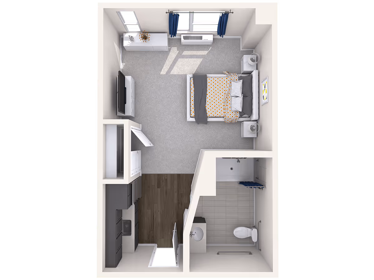 Top-down view of a studio apartment layout featuring a bedroom area with a bed, two nightstands, a dresser, and a TV. Adjacent to the bedroom is a kitchen area with cabinets and appliances, and a bathroom with a toilet, sink, and shower.
