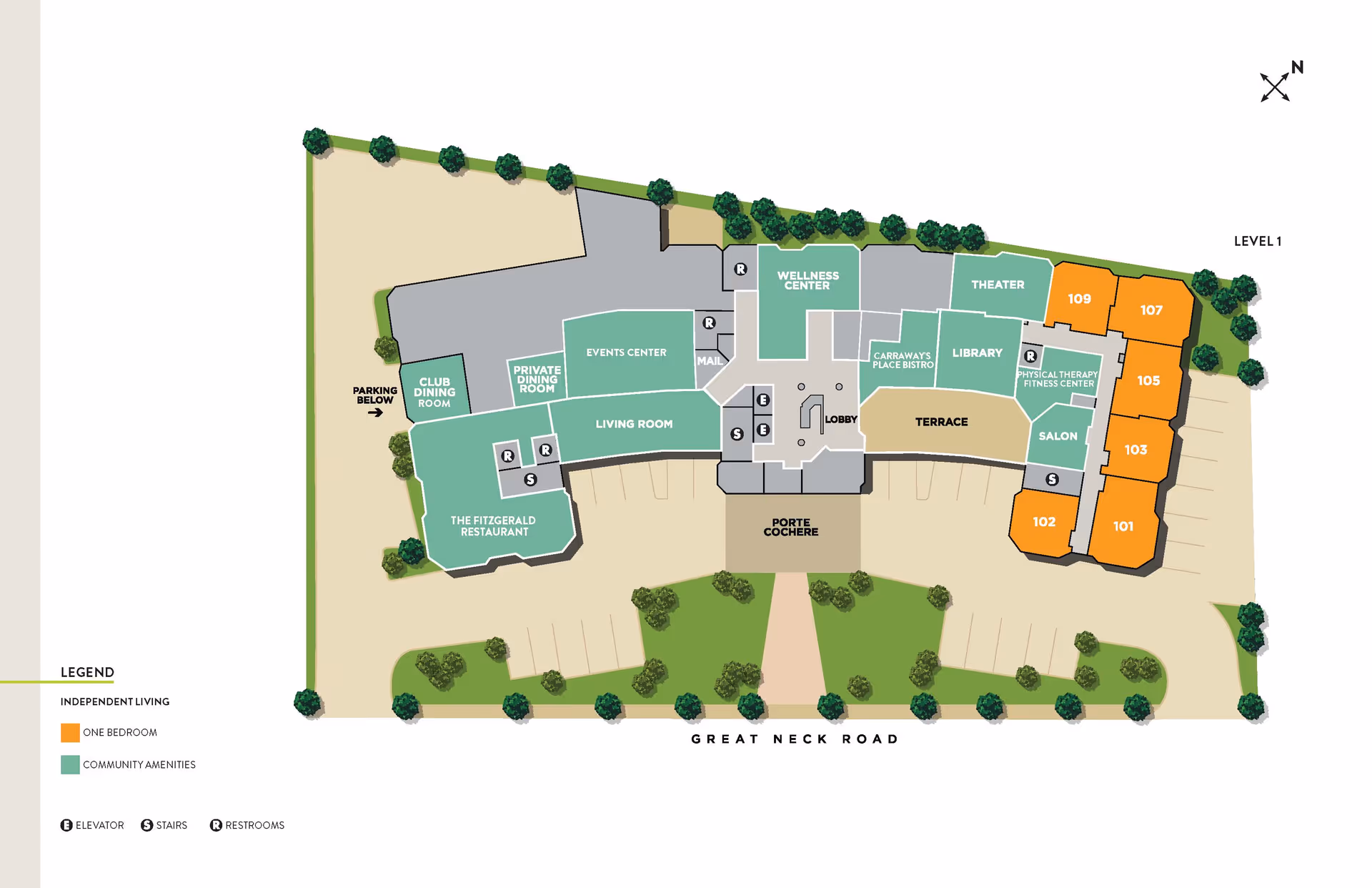 Floor plan of Atria Park of Great Neck showing layout of independent living one-bedroom units, community amenities including a restaurant, club dining room, private dining room, events center, living room, wellness center, theater, library, physical therapy and fitness center, salon, terrace, lobby, and porte cochere. Parking areas and surrounding greenery are also depicted.