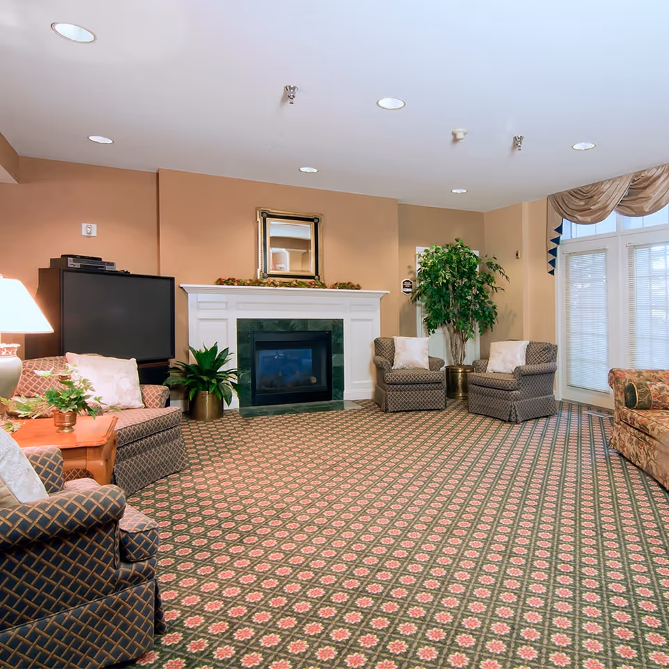 A cozy living room with patterned carpet featuring pink flowers, several upholstered armchairs with cushions, a floral sofa, a white fireplace with a green tile surround, a large potted plant, a flat-screen TV, and large windows with blinds and draped curtains allowing natural light in.