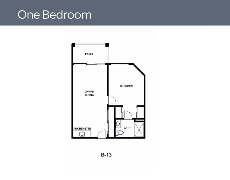 Floor plan layout of a one-bedroom unit labeled B-13, showing a patio, living/dining area, kitchenette, bedroom, and bathroom.