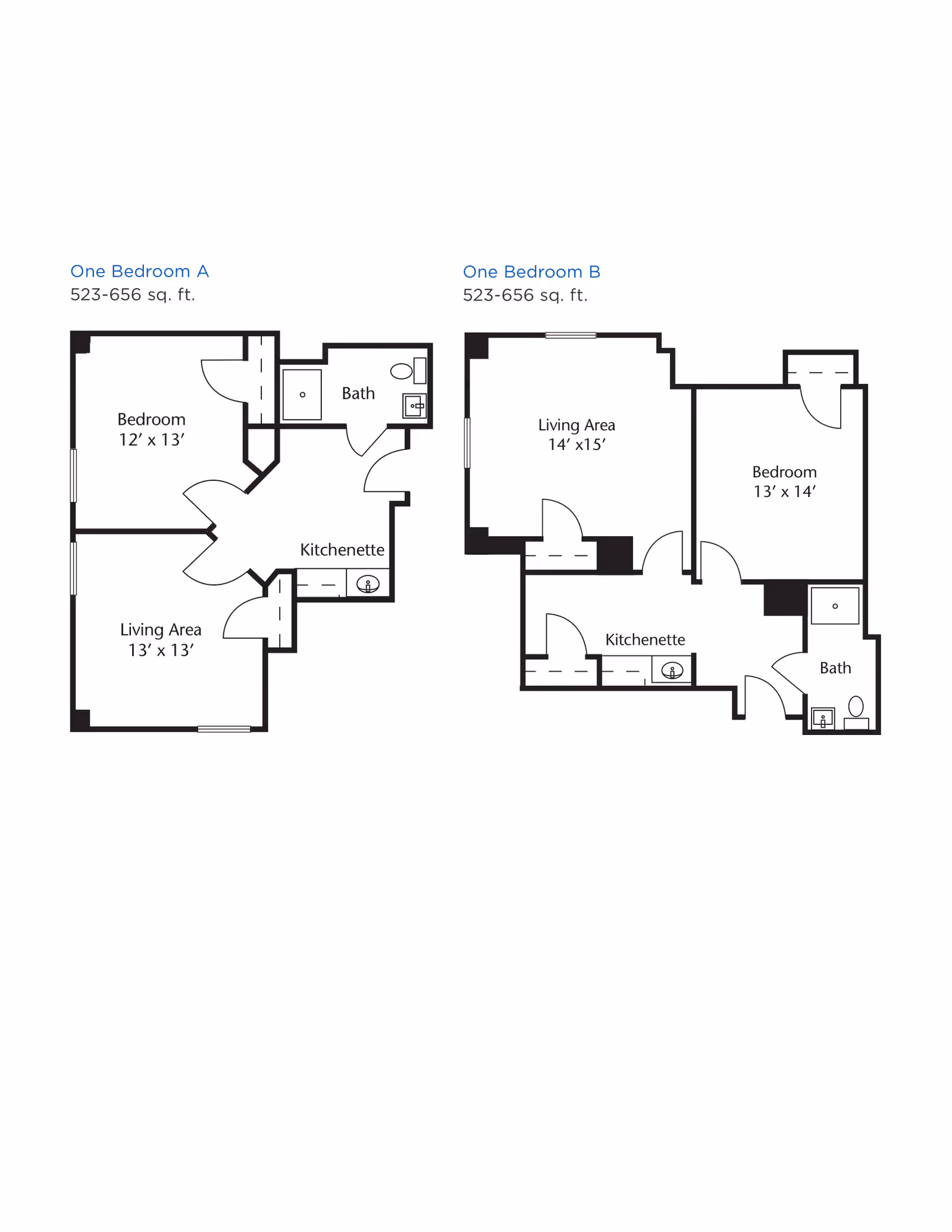 Floor plans for two one-bedroom apartment layouts labeled One Bedroom A and One Bedroom B, each ranging from 523 to 656 square feet. One Bedroom A includes a bedroom measuring 12 by 13 feet, a living area 13 by 13 feet, a kitchenette, and a bath. One Bedroom B includes a living area 14 by 15 feet, a bedroom 13 by 14 feet, a kitchenette, and a bath.