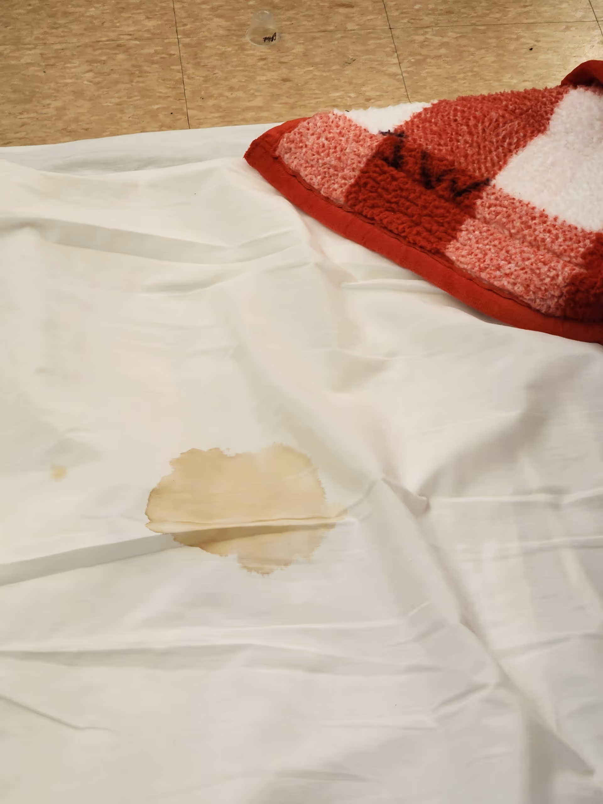 White bedsheet with a large brownish stain next to a red-and-white blanket on a tiled floor.