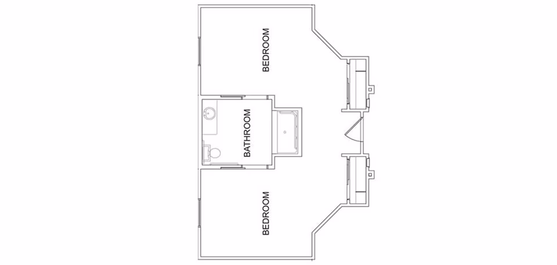 Architectural floor plan showing a layout with two bedrooms and one bathroom in the center. The bathroom includes a sink, toilet, and bathtub. The entrance is located on the right side of the plan.