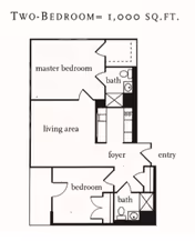 Black-and-white two-bedroom floor plan labeled 'Two-Bedroom = 1,000 sq.ft.' showing master bedroom, second bedroom, living area, foyer, two baths, and entry.
