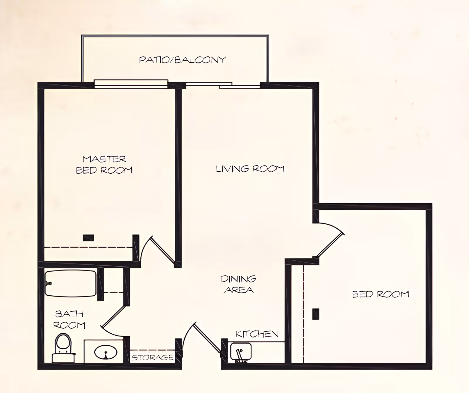 Floor plan of a two-bedroom apartment showing a master bedroom, second bedroom, living room, dining area, kitchen, bathroom, storage, and a patio/balcony.