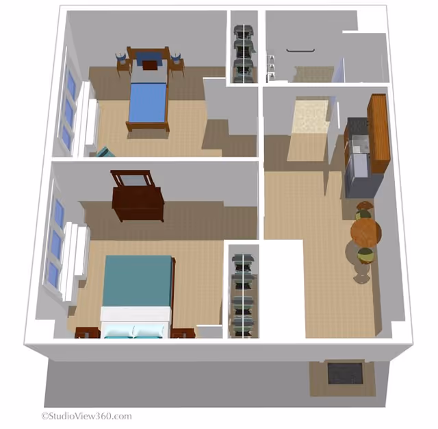 3D floor-plan rendering of a two-bedroom apartment with kitchen, dining area, closets, and entryway.