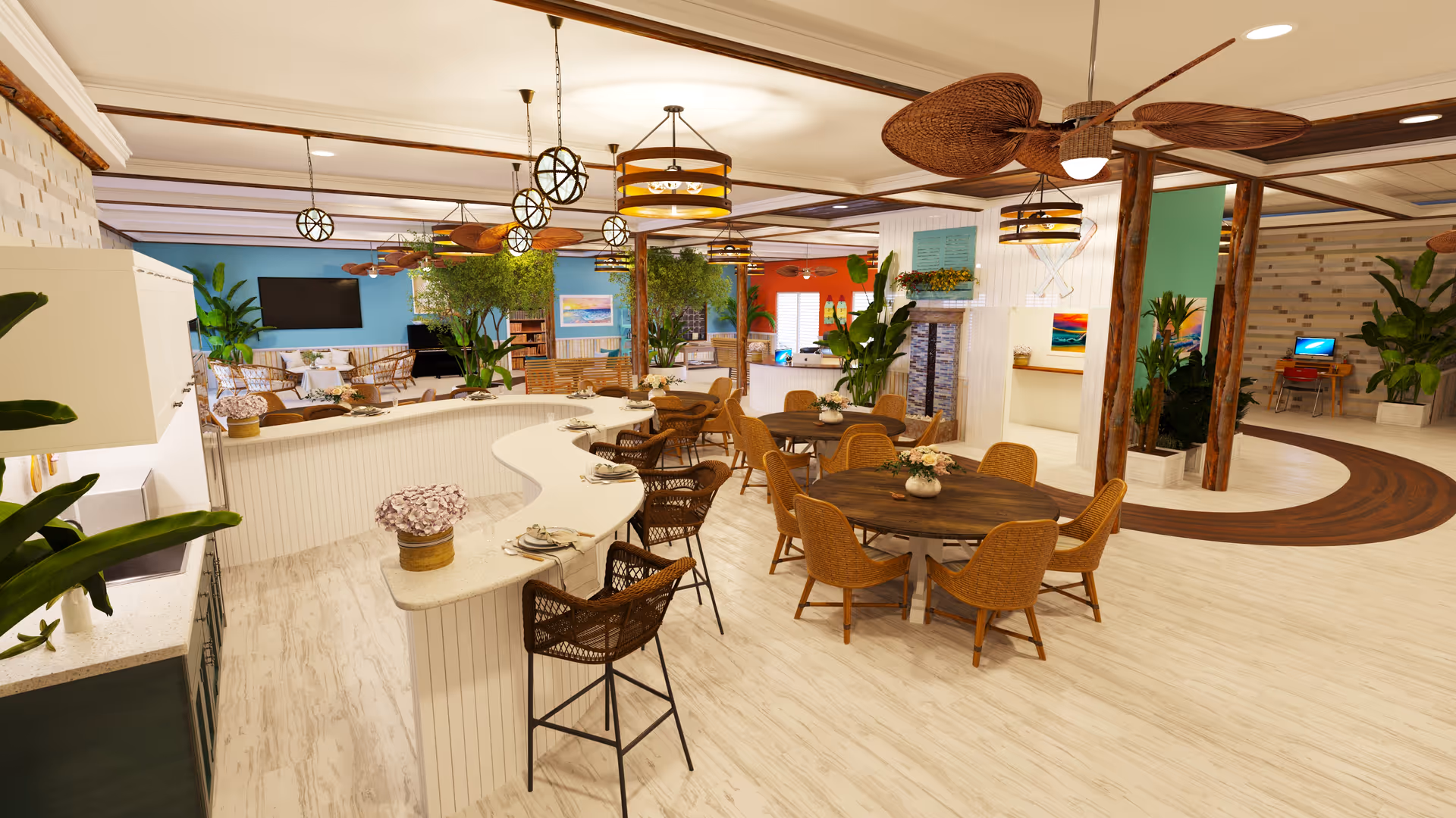 Open, airy communal dining and lounge area with a curved breakfast bar, round wooden tables, wicker chairs, and tropical-themed decor.