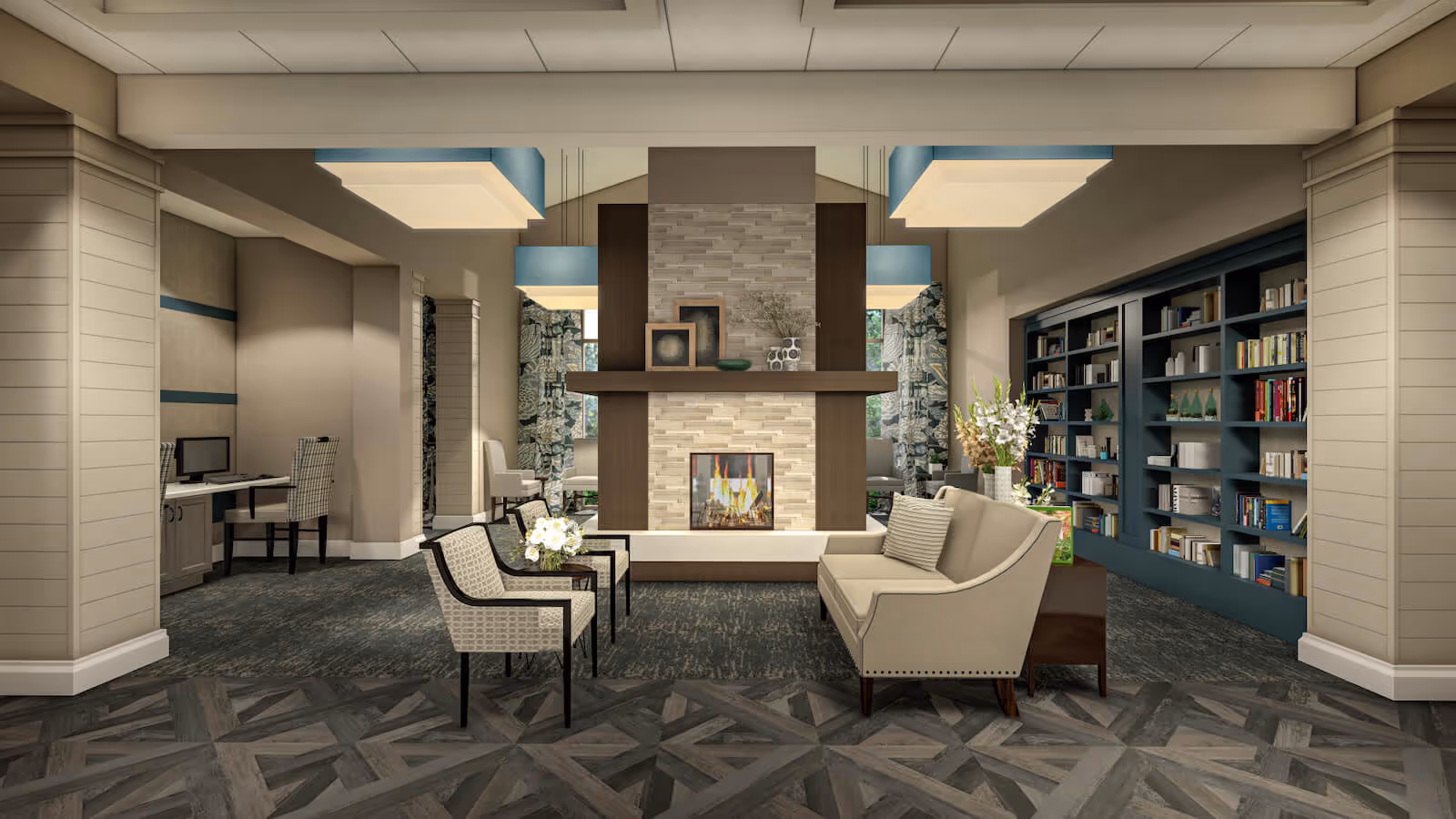 A cozy and modern living room area featuring a central fireplace with decorative items on the mantel. The room includes a beige sofa with a side table holding a vase of flowers, two patterned armchairs with a small table between them, and a large built-in bookshelf filled with books and decorative objects. The space has a mix of carpet and patterned flooring, with soft lighting and neutral tones accented by blue ceiling details.