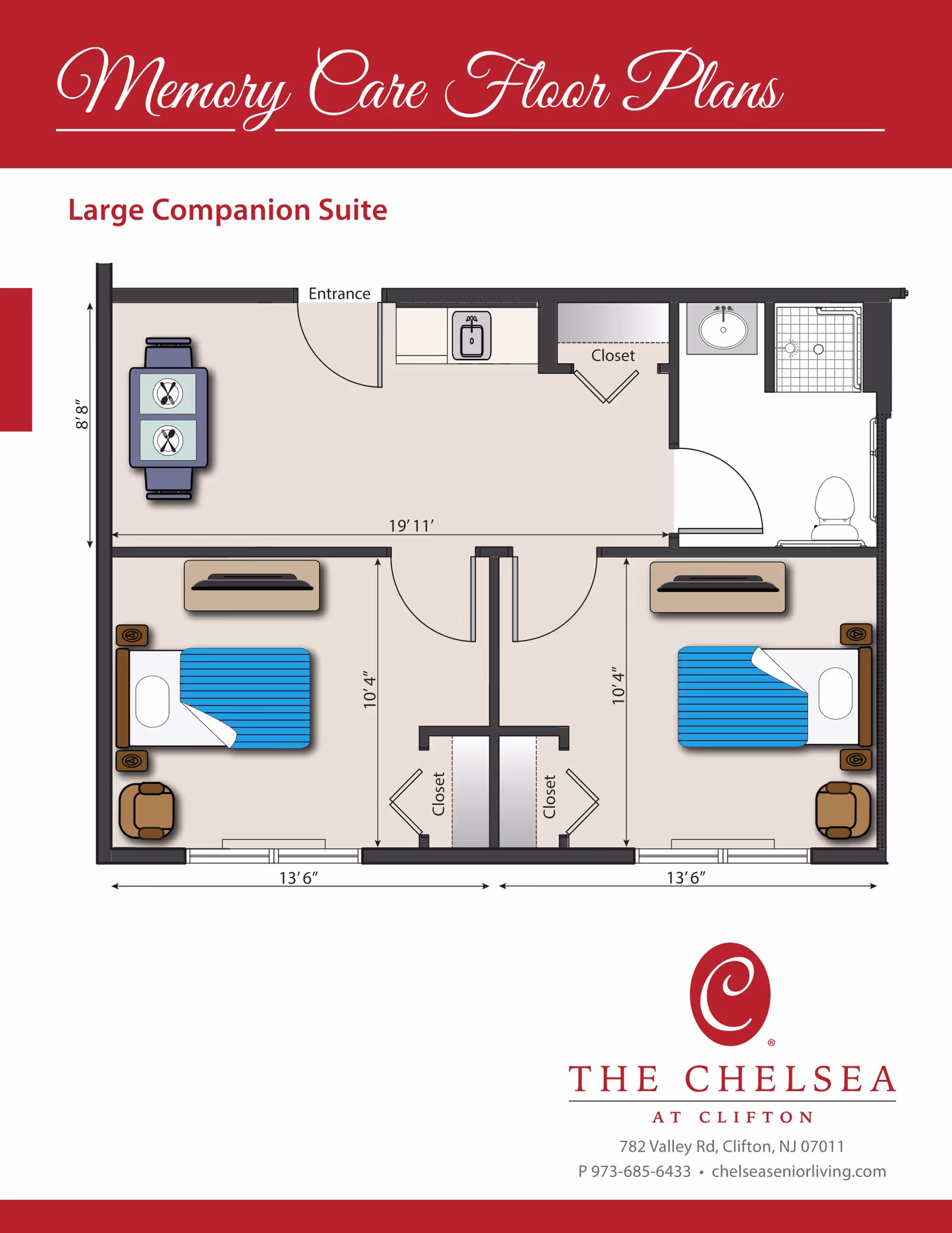 Floor plan of a Large Companion Suite for memory care, showing two bedrooms each with a bed, nightstand, and chair. Each bedroom has a closet. The suite includes a shared entrance area with a sink and closet, a dining table with two chairs, and a bathroom with a sink, toilet, and shower.