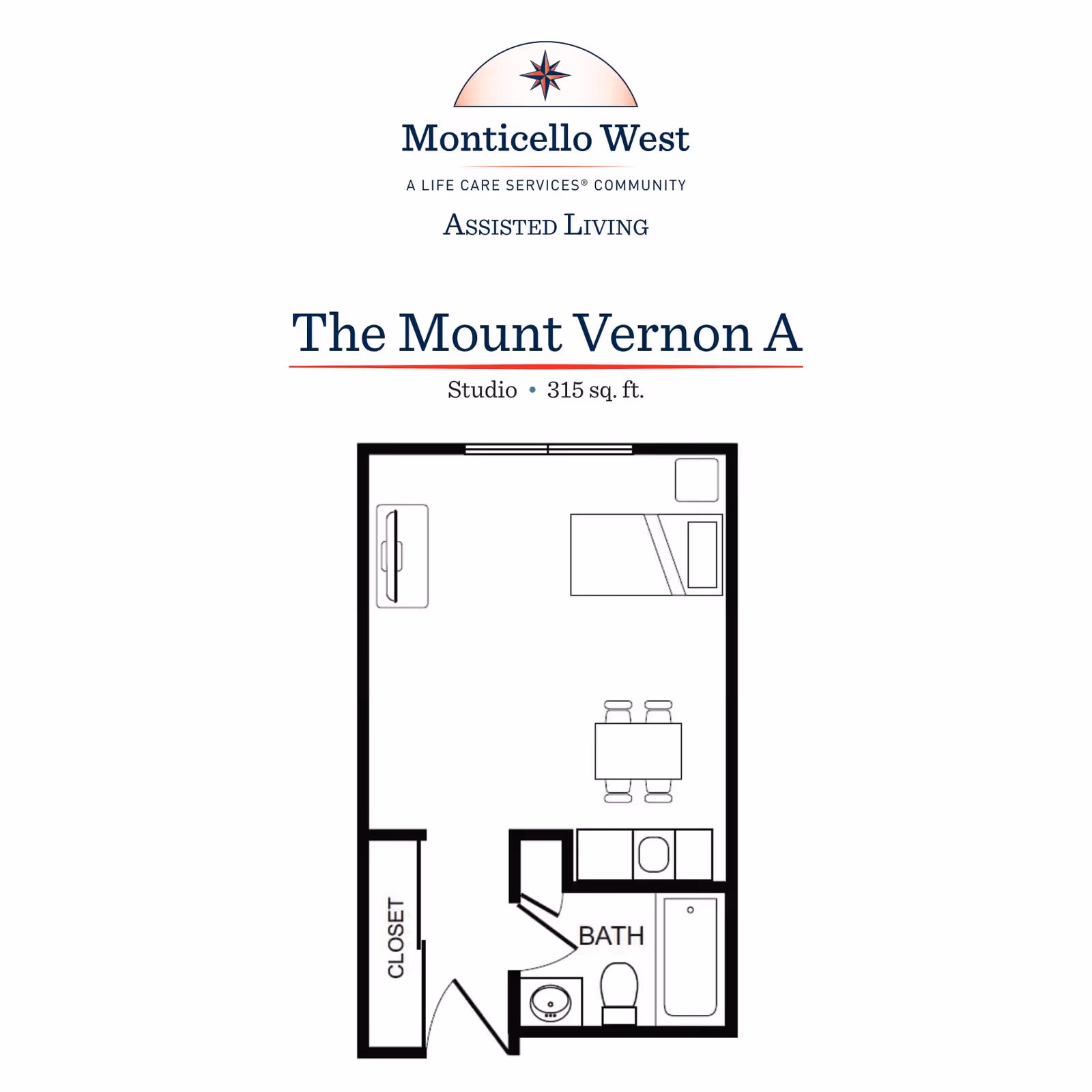 Floor plan of The Mount Vernon A studio apartment at Monticello West assisted living community, showing a 315 sq. ft. layout with a combined living and sleeping area, a closet, a bathroom with a bathtub, toilet, and sink, and a small kitchenette area.