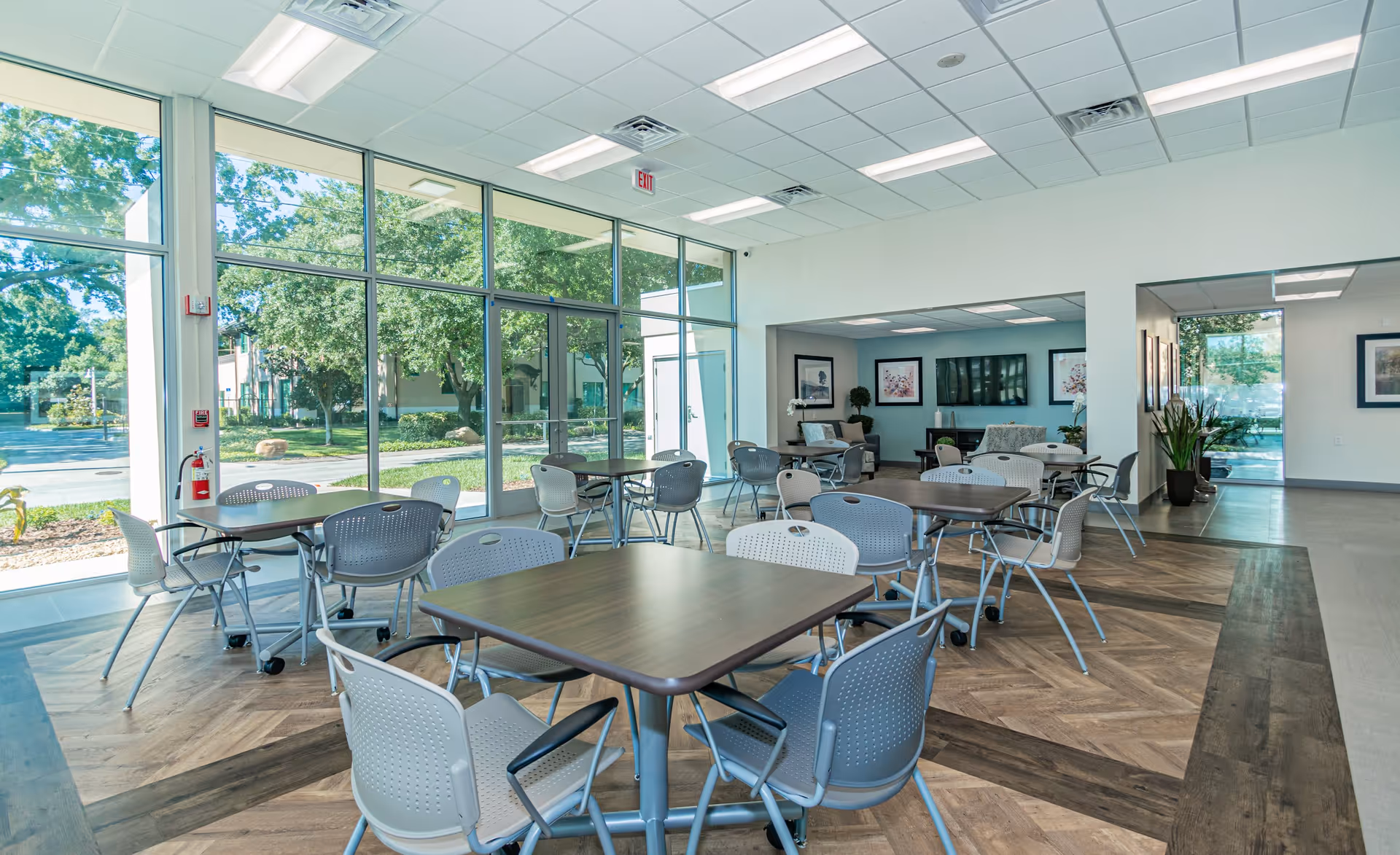 Bright communal dining area with multiple tables and chairs and large floor-to-ceiling windows looking out to trees.