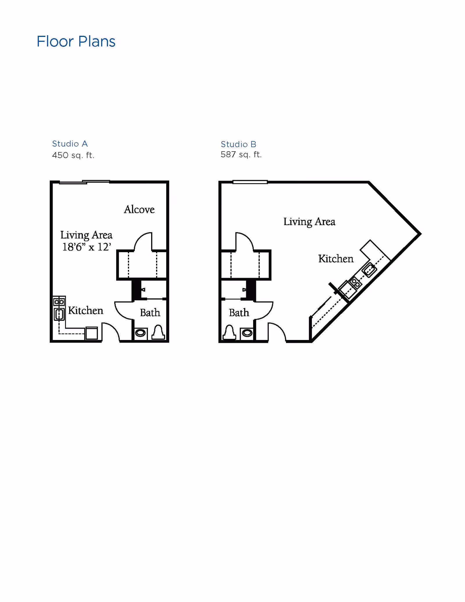 Floor plans for two studio apartments at Brookdale Scotts Valley. Studio A is 450 sq. ft. with a living area measuring 18'6" x 12', a kitchen, bath, and an alcove. Studio B is 587 sq. ft. with a living area, kitchen, and bath. Both layouts show the arrangement of rooms and fixtures.
