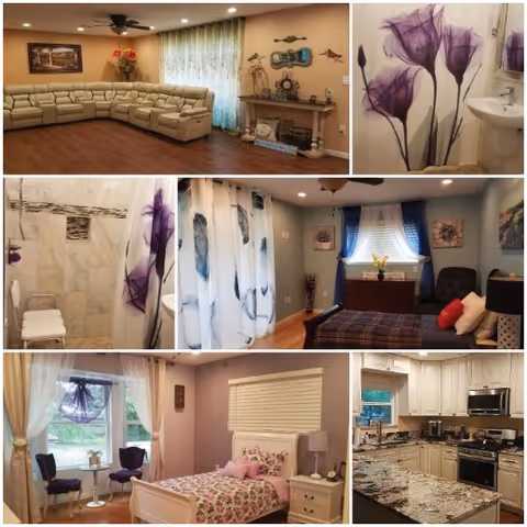 Collage of interior images from Golden Age Home Care LLC showing a living room with a large beige sectional sofa and fireplace, a bathroom with floral shower curtains and a white chair, a bedroom with a bed, window with curtains, and a small sitting area with two chairs and a table, and a kitchen with granite countertops and white cabinets.