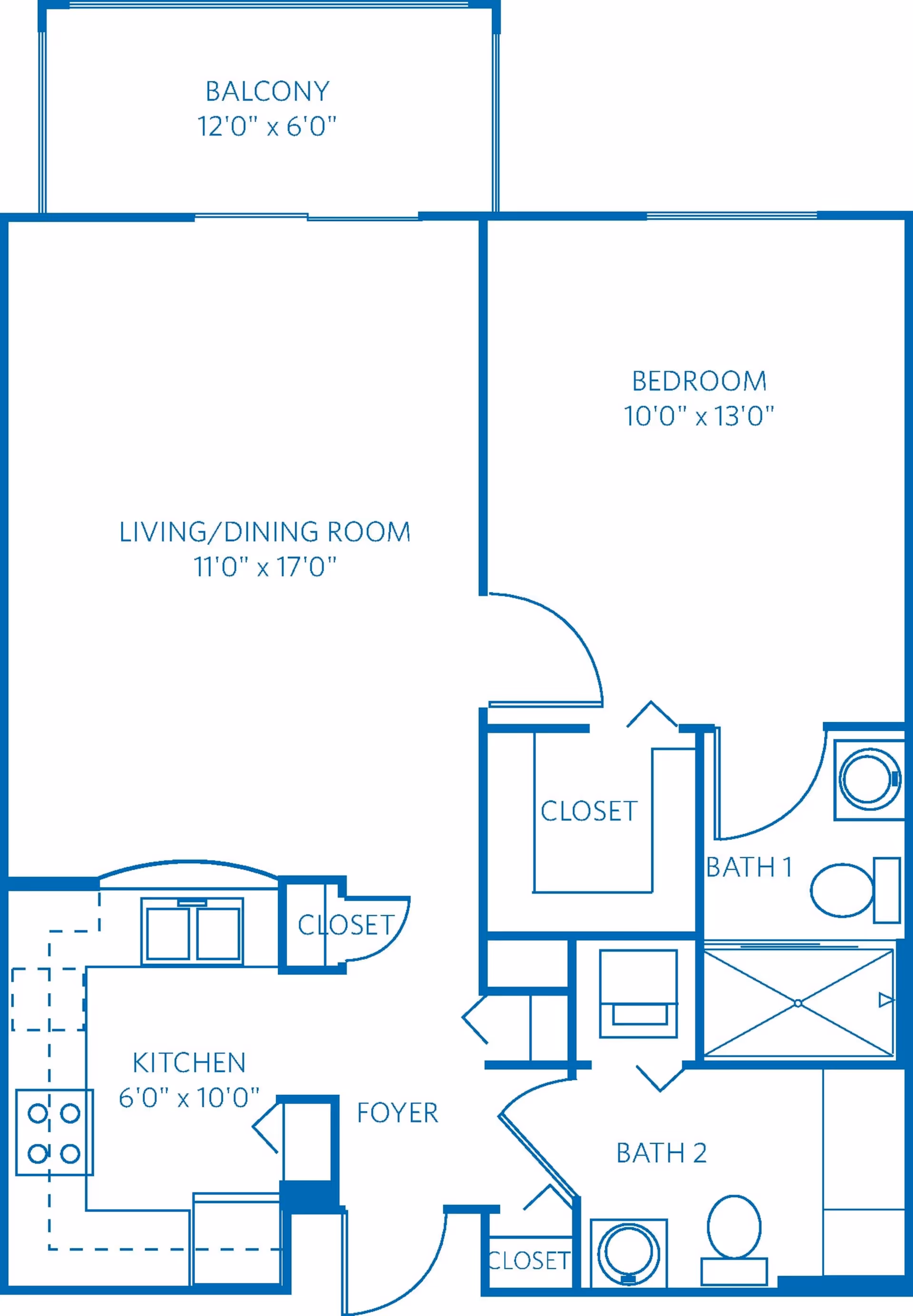 Floor plan of a residential unit at Vi at Lakeside Village showing a balcony, living/dining room, kitchen, bedroom, two bathrooms, foyer, and closets with dimensions.