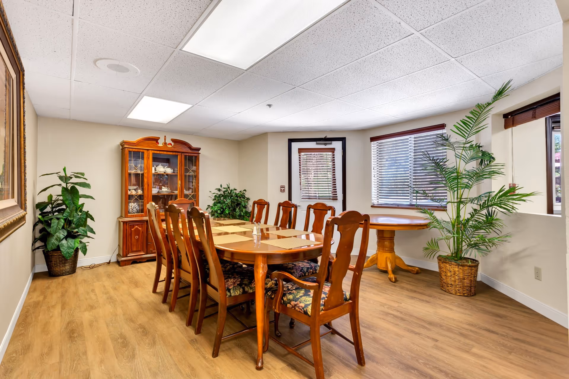 A dining room with a long wooden table surrounded by eight wooden chairs with floral cushions. There is a wooden china cabinet with glass doors displaying dishes against the back wall. Two large potted plants are placed in the corners of the room. The room has wood flooring, a white ceiling with fluorescent lights, and windows with blinds letting in natural light.