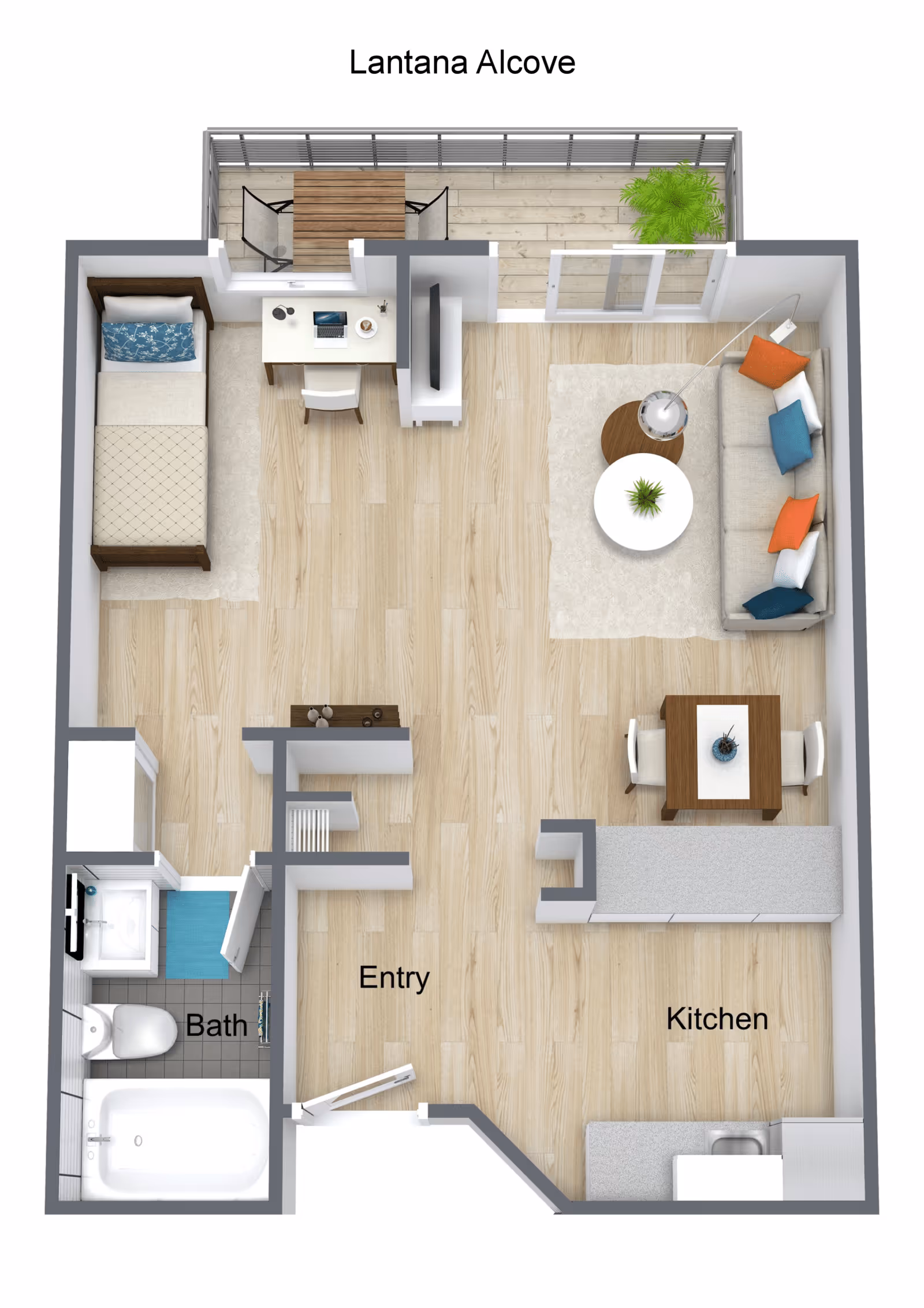 3D floor plan of a senior living apartment named Lantana Alcove showing a bedroom with a single bed and desk, a bathroom with a bathtub, toilet, and sink, an entry area, a kitchen with a sink and counter space, and a living room with a sofa, coffee tables, and a dining table with two chairs. There is also a balcony with a small table and two chairs.