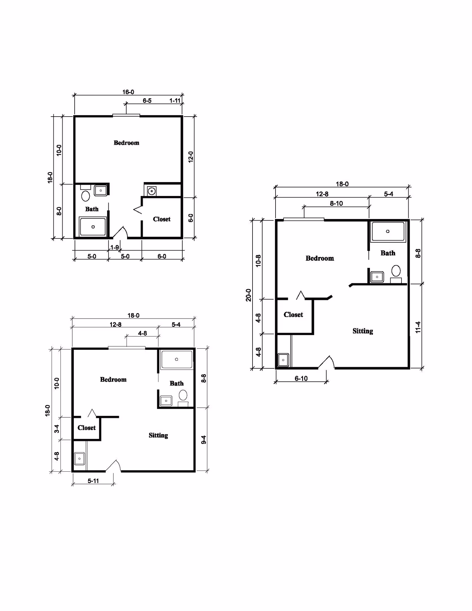 Architectural floor plans showing three different layouts of rooms labeled as Bedroom, Bath, Closet, and Sitting areas with dimensions in feet and inches.