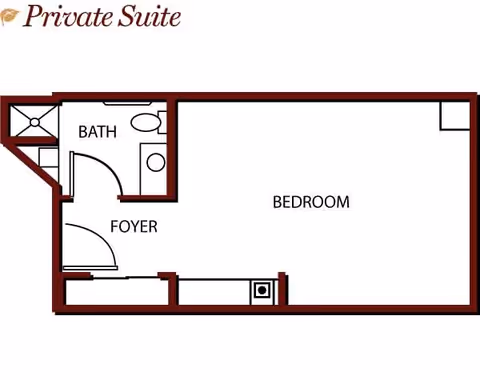Floor plan diagram labeled 'Private Suite' showing a bedroom, foyer, and bathroom.