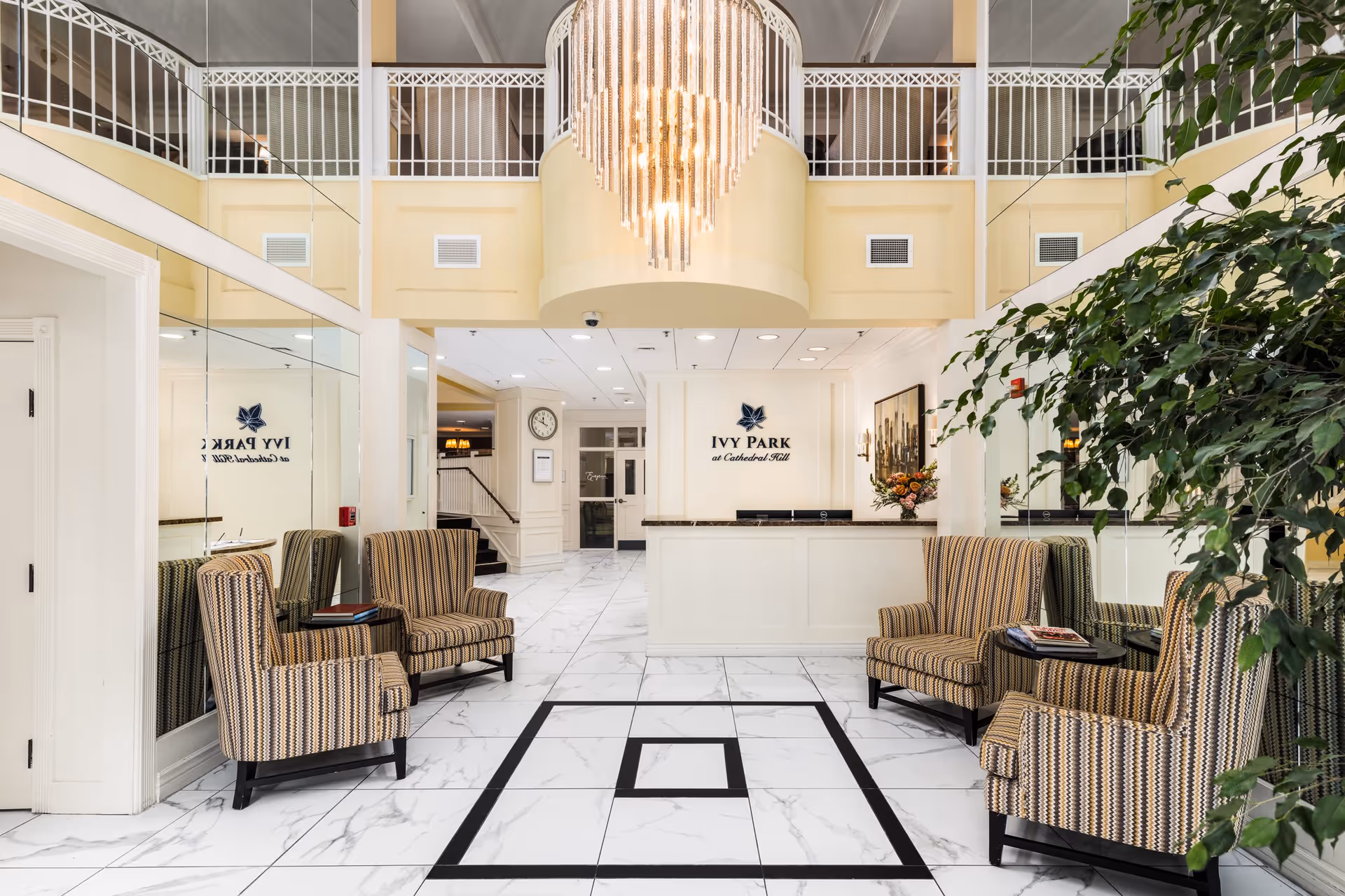 Lobby area of Ivy Park at Cathedral Hill featuring a reception desk with the facility's name on the wall behind it, four striped armchairs arranged around small tables, large mirrors on the walls, a tall chandelier hanging from the ceiling, and a large indoor plant on the right side.
