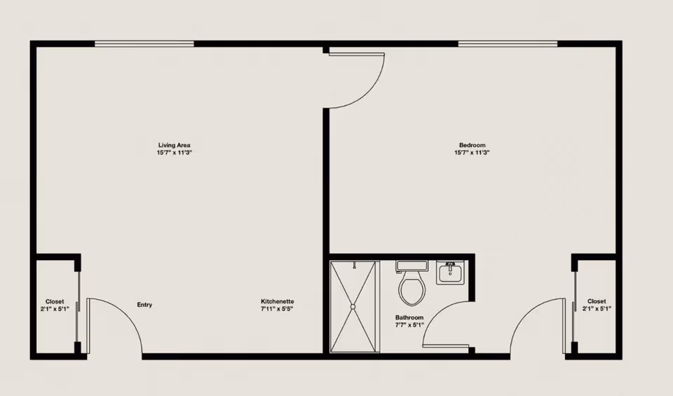 Floor plan layout of a living space showing a living area, bedroom, kitchenette, bathroom, entry, and two closets with dimensions.