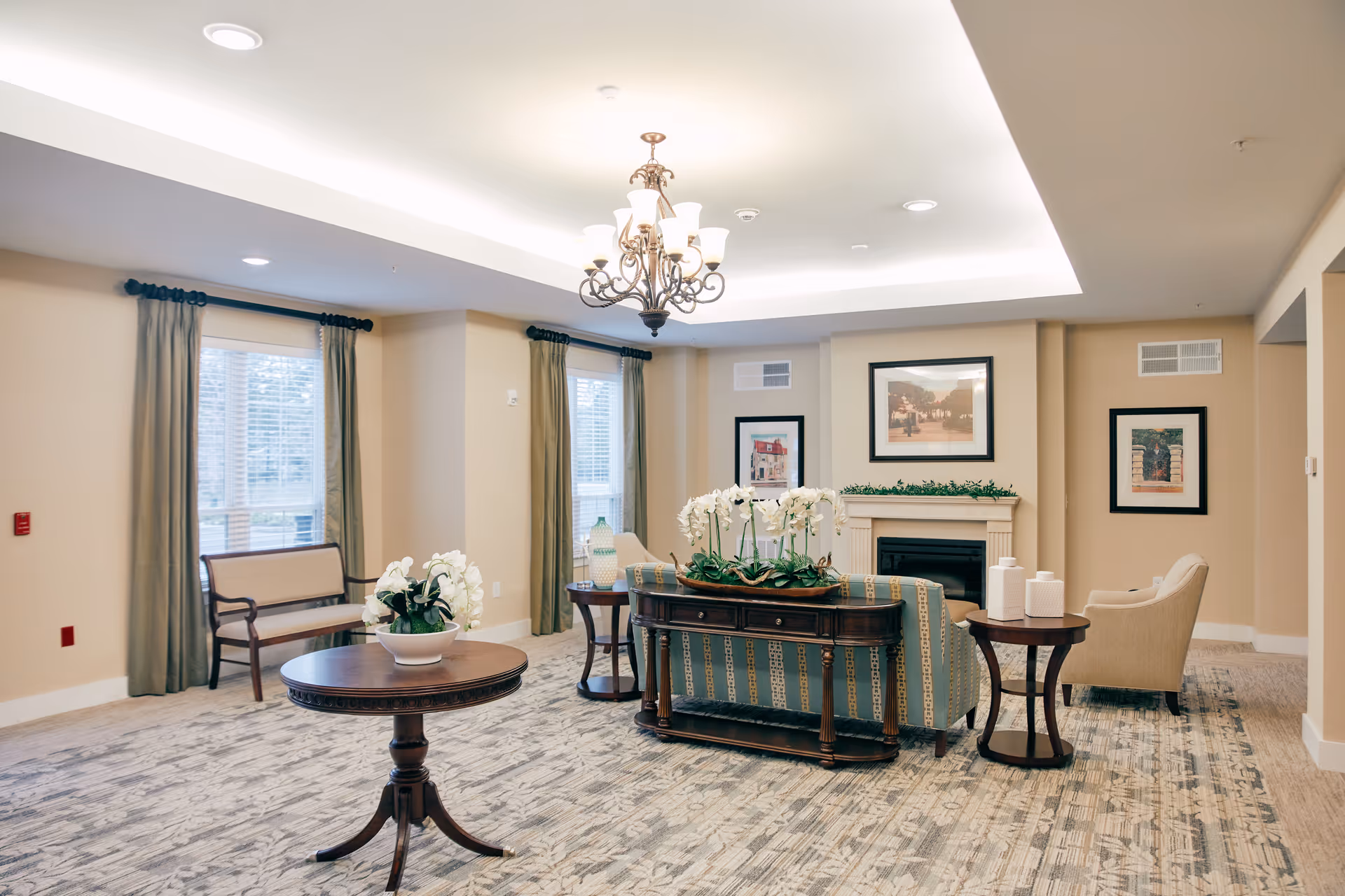 Bright furnished common living room with sofas, armchairs, side tables, a fireplace, and decorative plants.