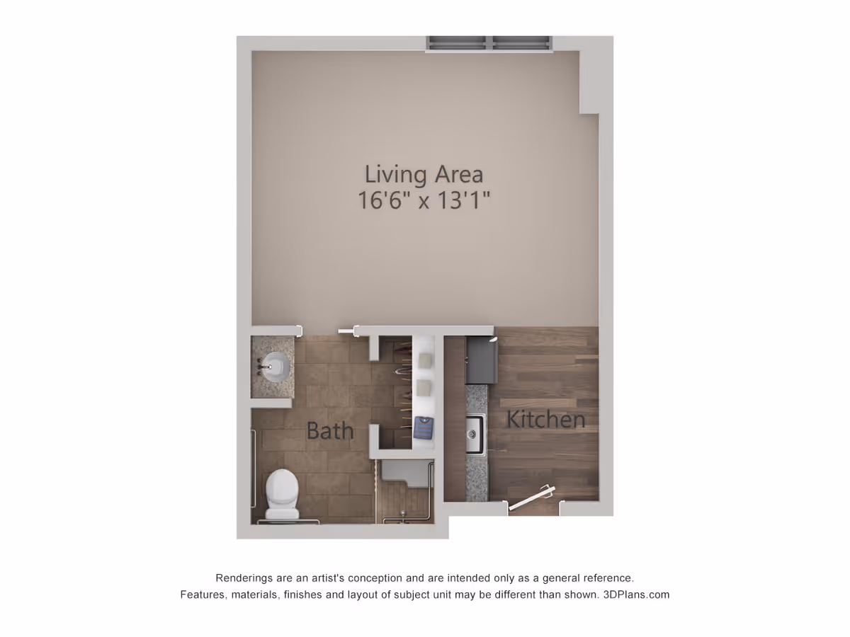 Floor plan of a small living space showing a living area measuring 16 feet 6 inches by 13 feet 1 inch, a kitchen with a sink and counter, and a bathroom with a toilet and sink.