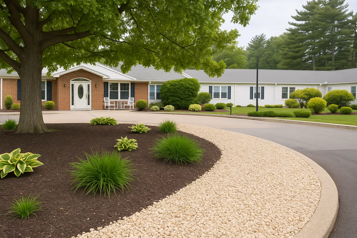 Exterior view of a single-story assisted living facility with a curved driveway, landscaped garden beds with green shrubs and plants, and a large tree providing shade near the entrance.
