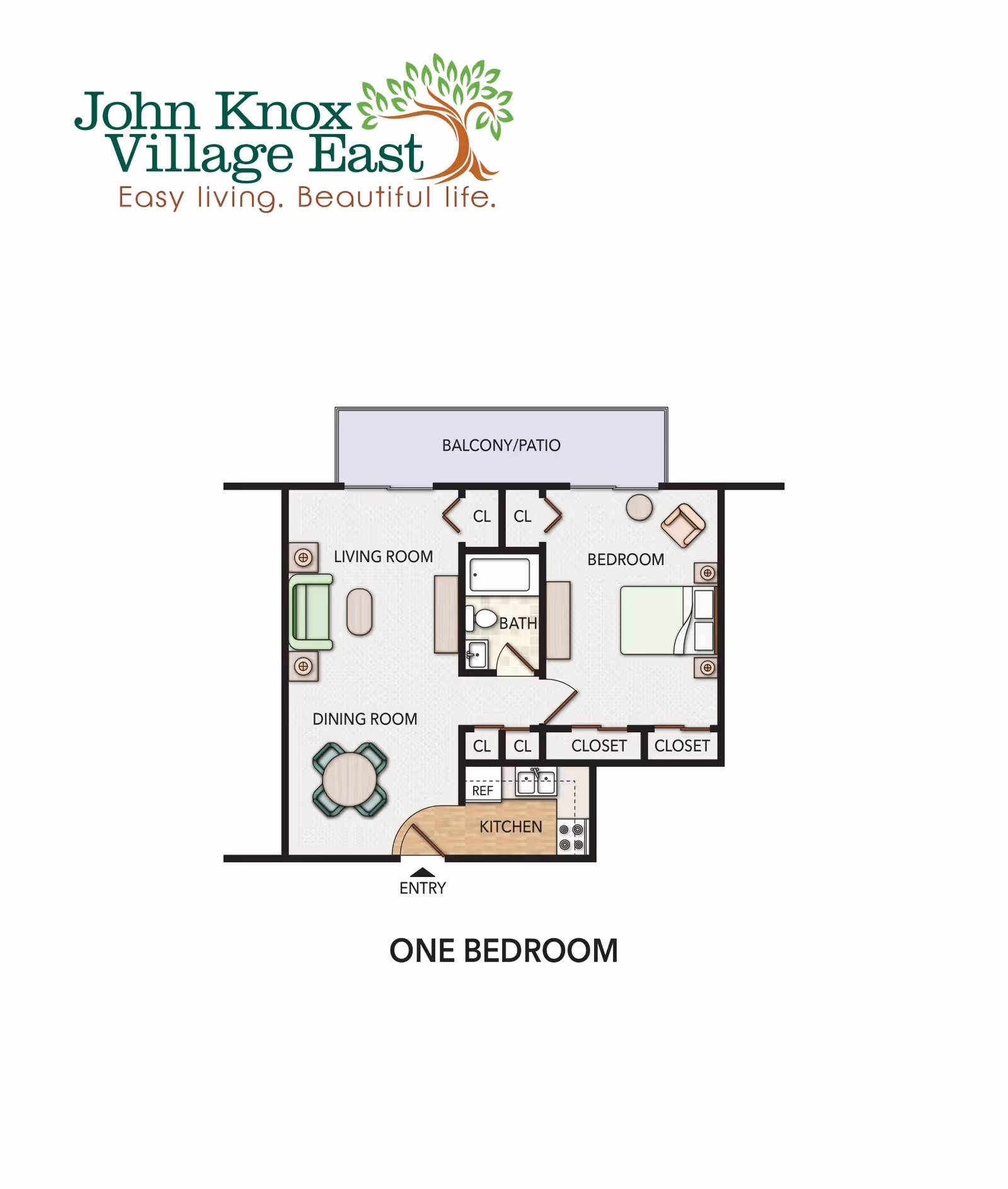 Floor plan of a one-bedroom apartment at John Knox Village East showing a living room, dining room, kitchen, bathroom, bedroom, closets, and a balcony/patio.