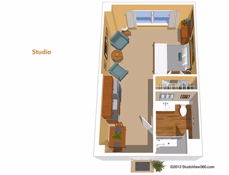 3D floor plan of a studio apartment featuring a combined living and sleeping area with a bed, two armchairs, a round table, a dresser, and a window with curtains. The kitchen area includes cabinets, a sink, and appliances. There is a separate bathroom with a sink, toilet, and shower. A small desk with a plant is positioned near the entrance.