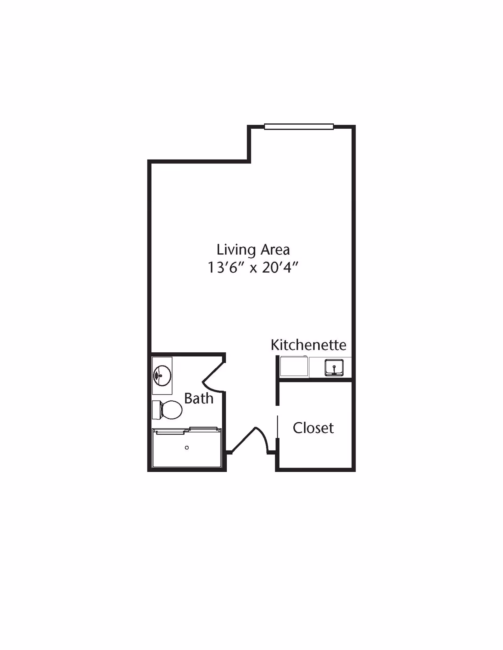 Floor plan of a studio apartment featuring a living area measuring 13 feet 6 inches by 20 feet 4 inches, a kitchenette, a closet, and a bathroom with a sink, toilet, and bathtub.