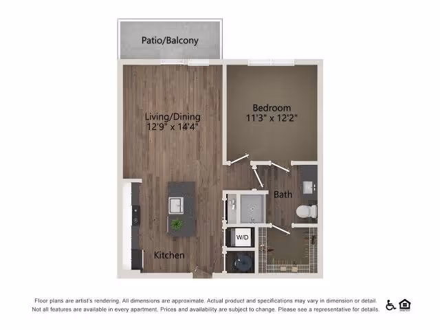 Floor plan of an apartment at Overture River District showing a living/dining area measuring 12 feet 9 inches by 14 feet 4 inches, a kitchen, a bedroom measuring 11 feet 3 inches by 12 feet 2 inches, a bathroom, a washer/dryer area, and a patio/balcony.