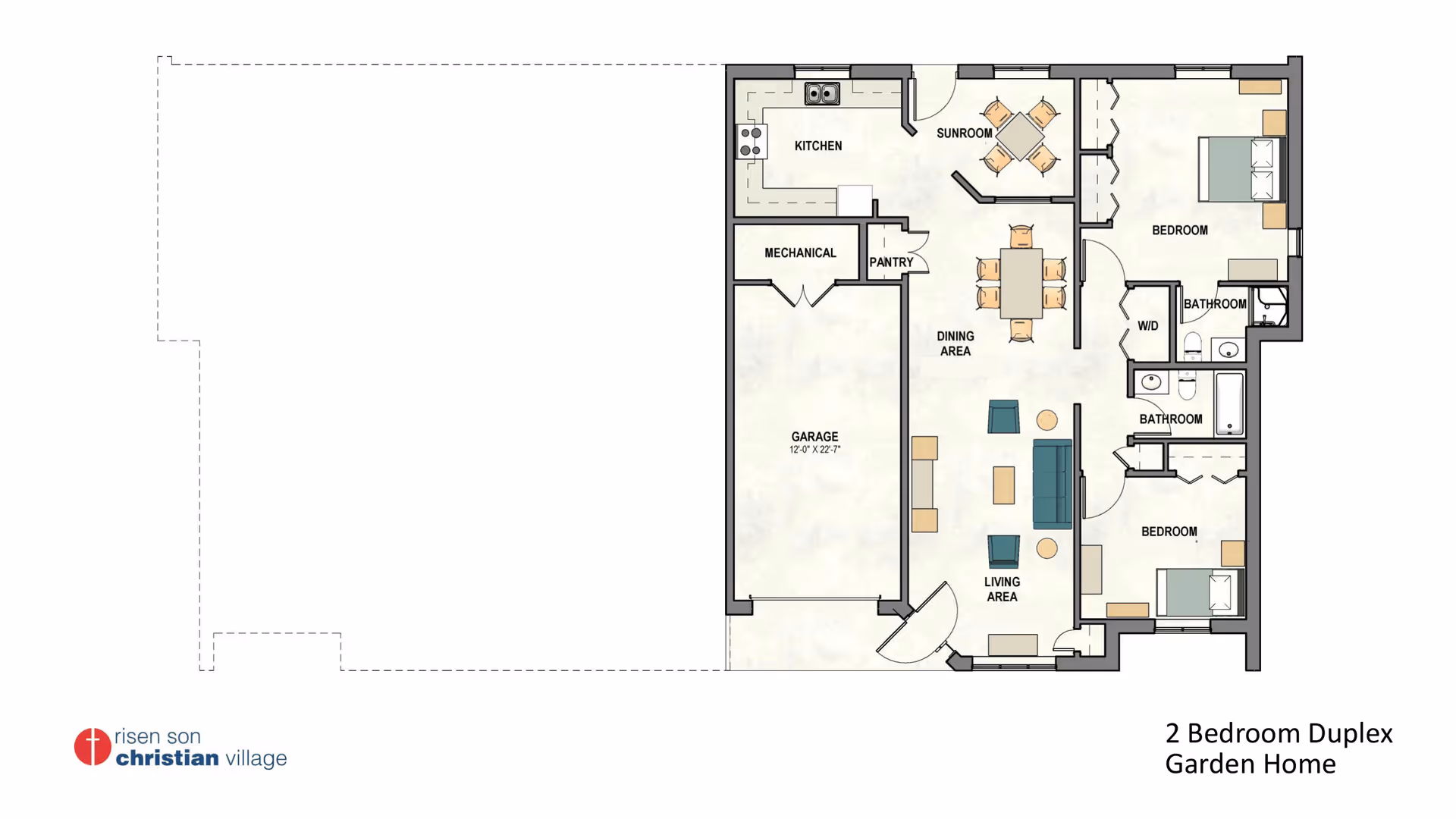 Architectural floor plan of a 2 bedroom duplex garden home showing a garage, kitchen, sunroom, dining area, living area, two bedrooms, two bathrooms, mechanical room, pantry, and washer/dryer area.