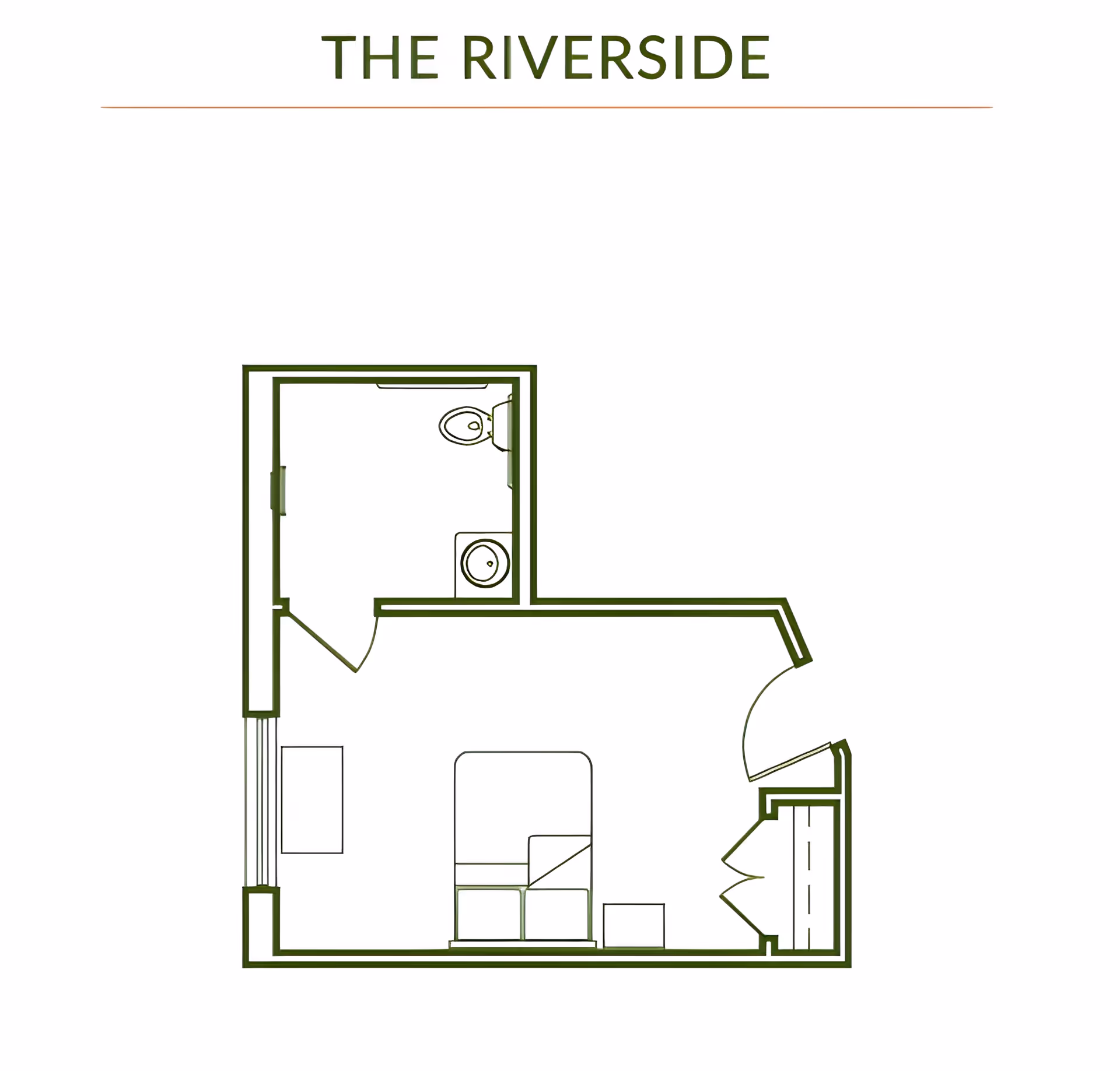Floor plan of a room named The Riverside, showing a bedroom area with a bed, a small table, a closet, and an attached bathroom with a toilet and sink.