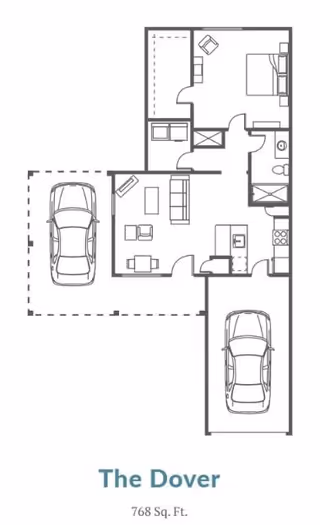 Architectural floor plan of a one-bedroom apartment named The Dover, showing a living room, kitchen, bathroom, bedroom, and two-car garage with a total area of 768 square feet.