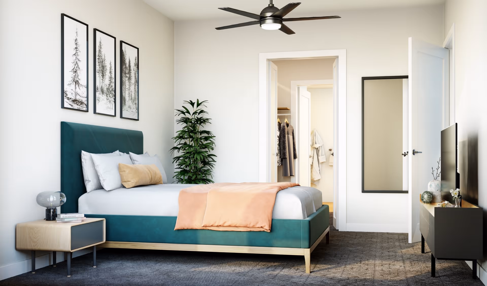 Modern bedroom with a teal upholstered bed, bedside table, potted plant, wall art, ceiling fan, TV console, and an open doorway to a closet.