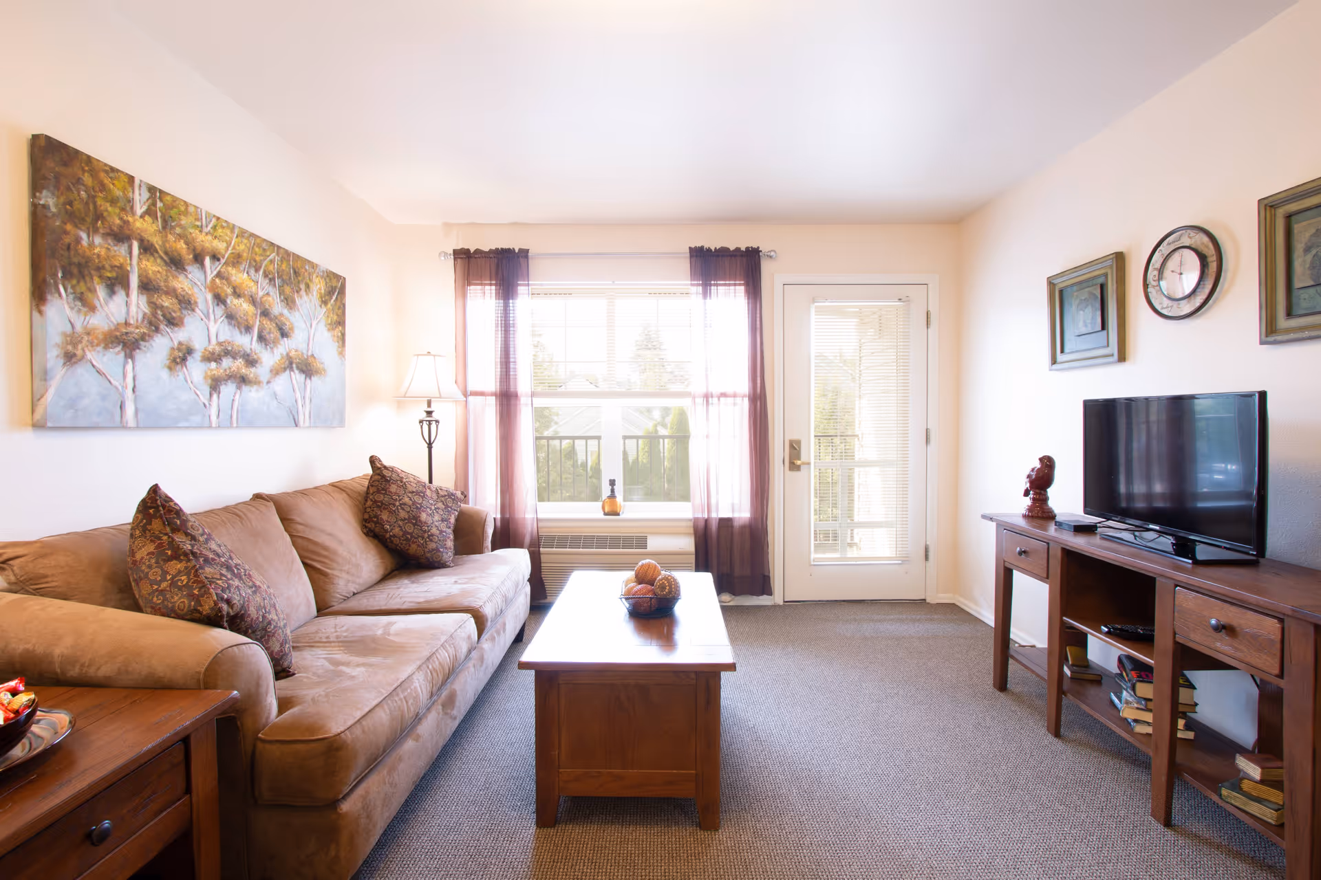 Bright living room with a beige sofa and patterned pillows, a wooden coffee table, TV on a console, and a windowed door with sheer curtains letting in light.