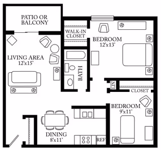 Floor plan of a senior living apartment featuring two bedrooms, one bathroom, a living area with access to a patio or balcony, a dining area adjacent to the kitchen, and closets including a walk-in closet in the larger bedroom.