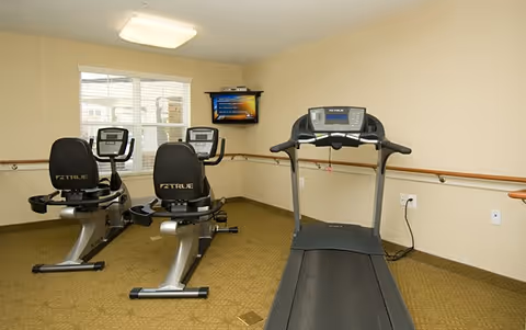 Small exercise room with a treadmill and two recumbent stationary bikes facing a wall-mounted TV and a window.