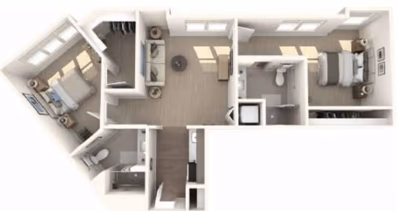 3D floor plan of a residential unit featuring two bedrooms, two bathrooms, a living room with sofa and coffee table, and a kitchen area. The layout shows windows in each bedroom and the living room, with closets adjacent to the bedrooms.