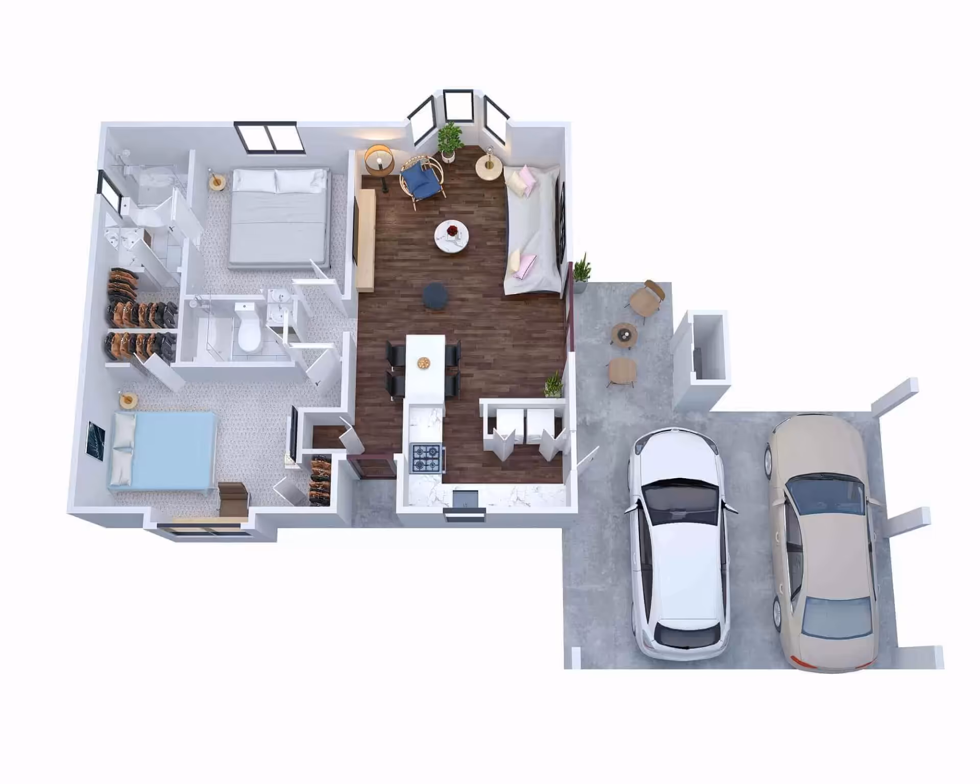 3D floor plan of a two-bedroom apartment showing a living room, kitchen/dining area, bathrooms, and an attached two-car garage with parked cars.
