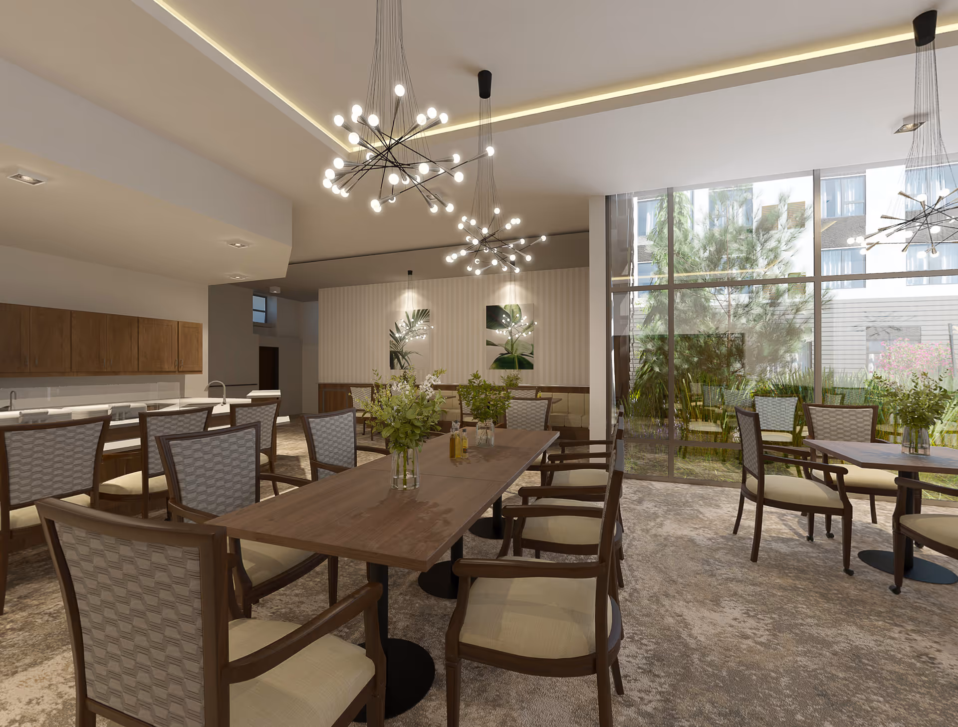 Bright modern dining room with long wooden tables, upholstered chairs, pendant chandeliers, and floor-to-ceiling windows overlooking a garden.
