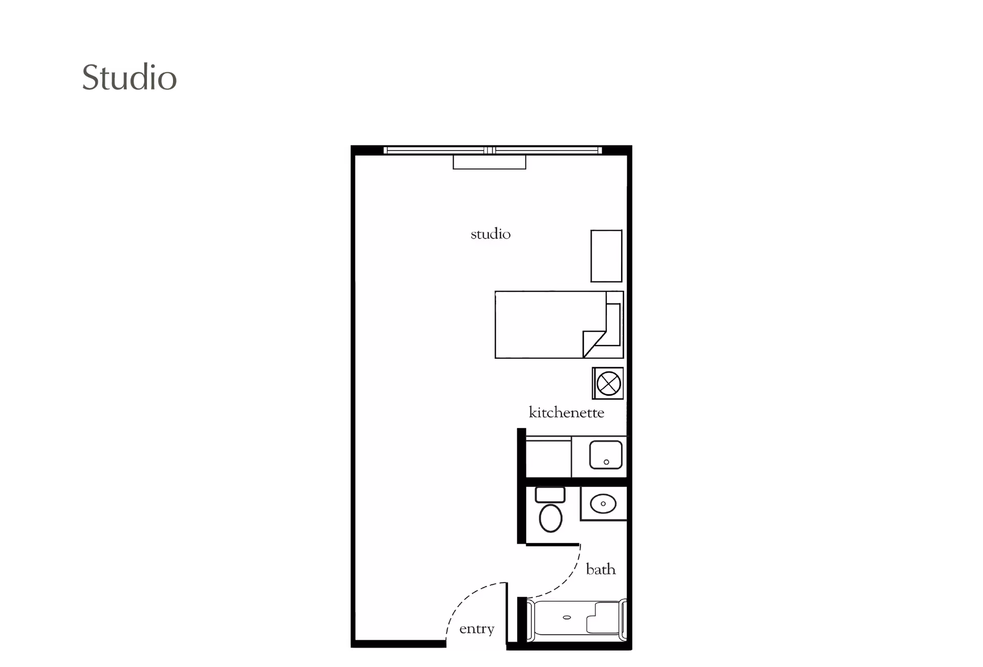 Floor plan of a studio apartment at Atria Huntington showing an entry leading to a bath with a bathtub, toilet, and sink, a kitchenette with a sink and stove, and an open studio area with a bed and a small table.