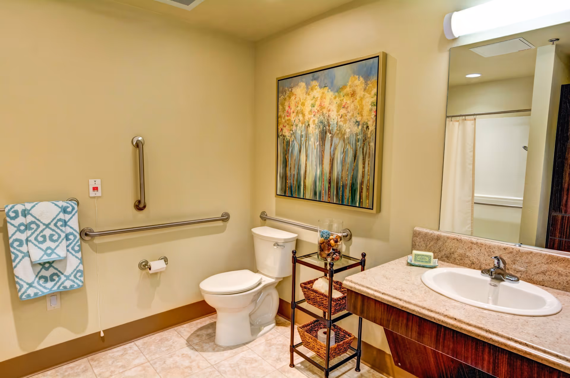 A clean and well-lit bathroom with beige walls and tiled floor. It features a white toilet with grab bars on the walls for accessibility, a towel rack with a blue and white patterned towel, a countertop with a sink, and a large mirror above the sink. There is a small shelving unit next to the toilet holding decorative items and extra toilet paper. A colorful painting of trees hangs on the wall above the toilet.