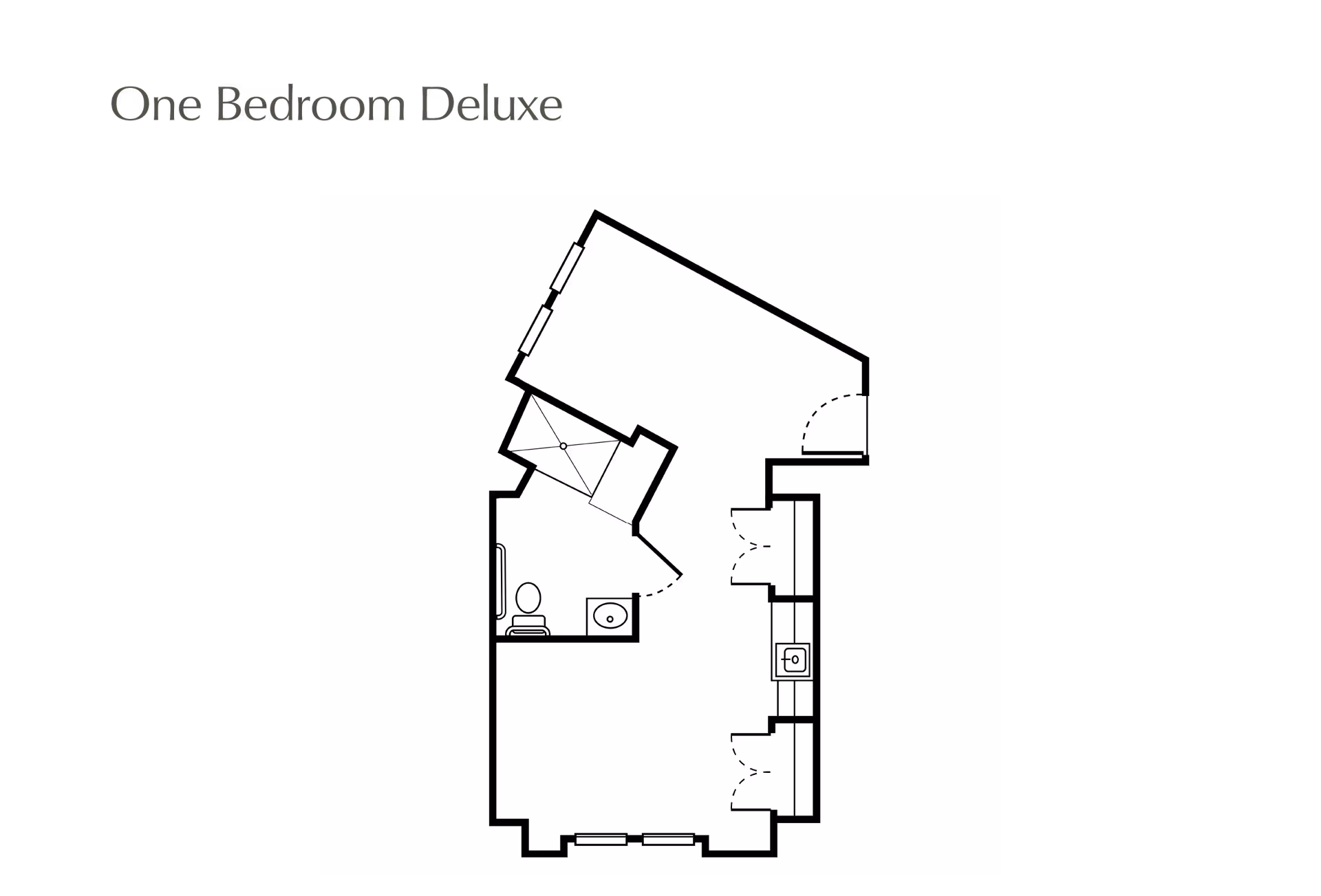 Floor plan layout labeled One Bedroom Deluxe showing a single bedroom, bathroom with toilet and sink, and additional rooms with doors and windows.
