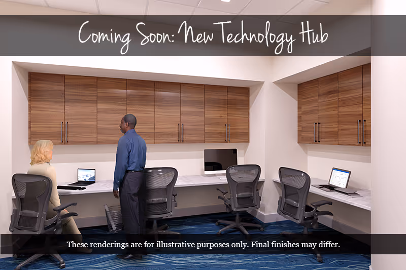 Rendered interior technology hub with a long counter of computers and swivel chairs, wooden wall cabinets, and two people, with “Coming Soon: New Technology Hub” text at the top.