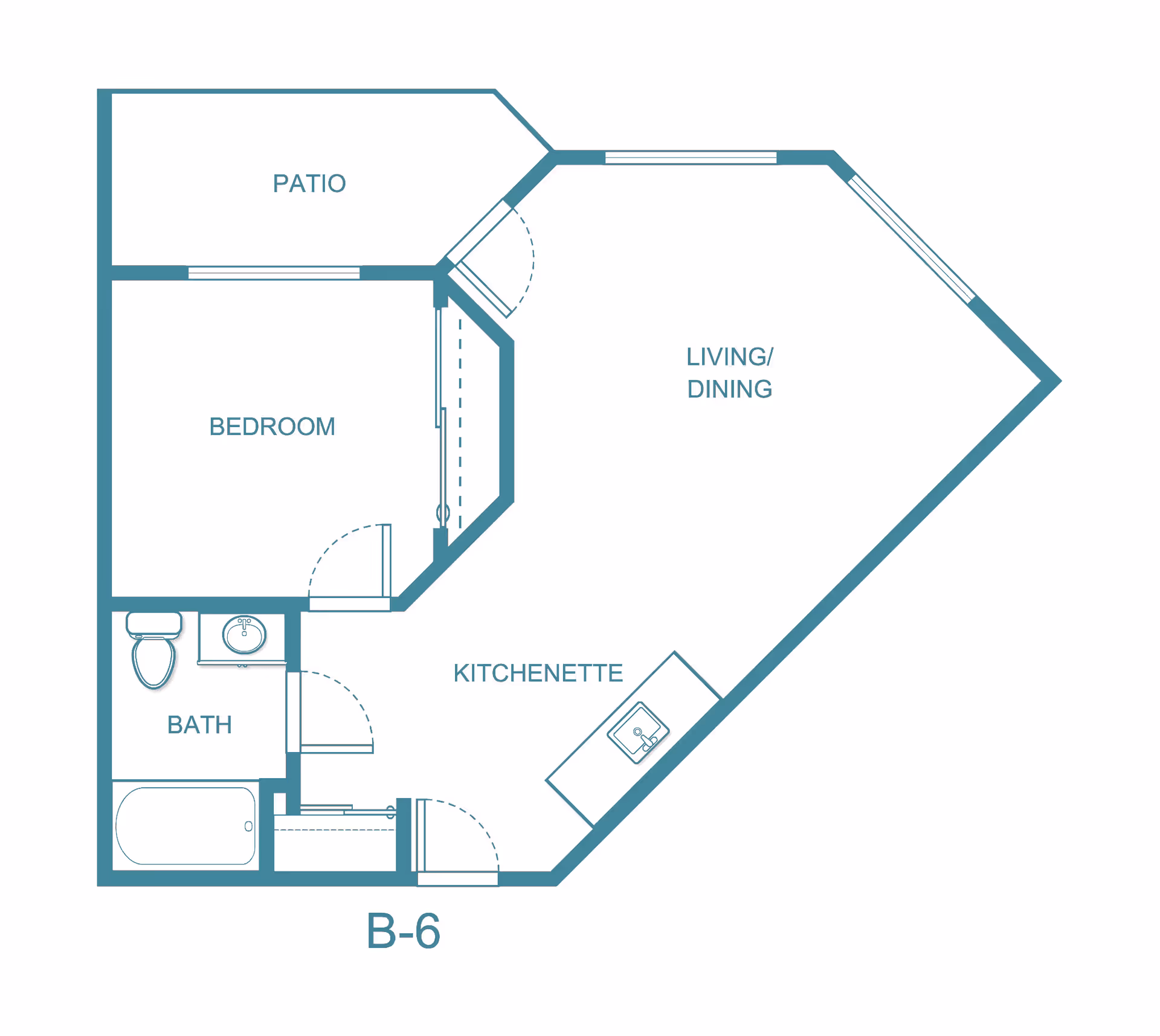 Floor plan layout of a living unit labeled B-6 at Asher Point Independent Living of Tyler, showing a bedroom, bath, kitchenette, living/dining area, and a patio.