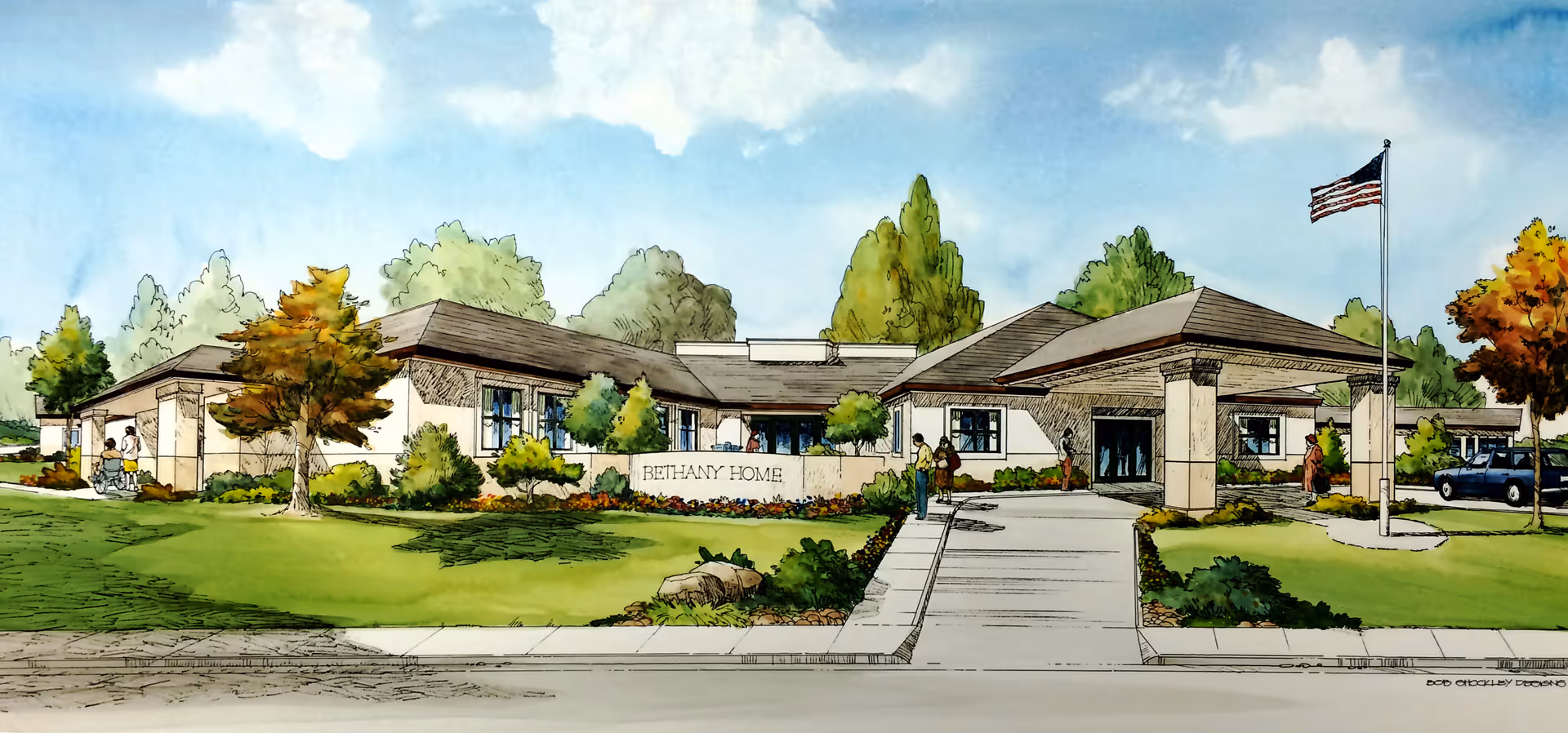 Illustration of the front exterior of Bethany Home Society San Joaquin County, showing a single-story building with a covered entrance, landscaped greenery, trees, an American flag on a flagpole, and a driveway leading to the entrance.